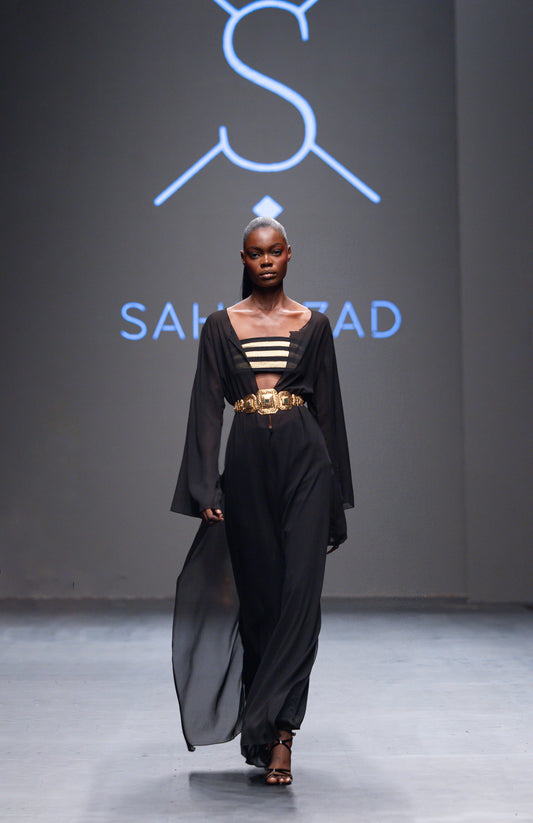 Amani – Black Chiffon Caftan, High-Waist Silk Trousers & Sfifa Crop Top