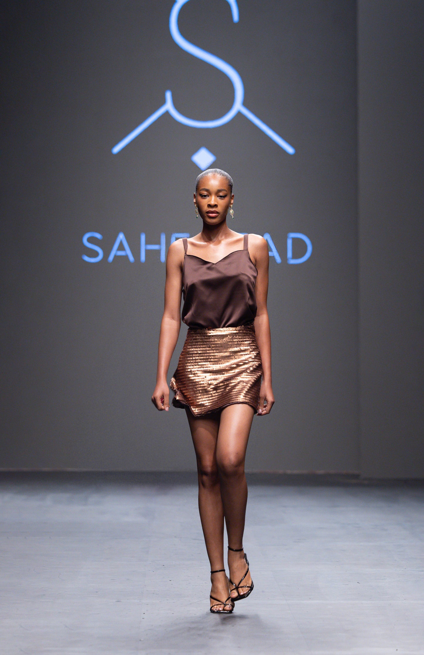 Talia – Brown Sequin Mini Skirt & Silk Top