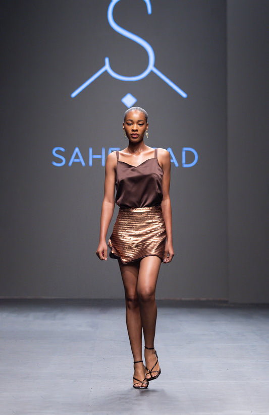 Talia – Brown Sequin Mini Skirt & Silk Top