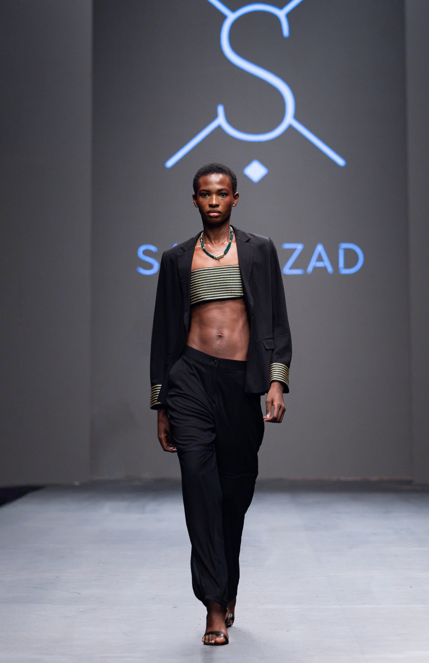 Sanaa – Sfifa-Embellished Blazer, Moroccan Crop Top & High-Waist Satin & Chiffon Pants