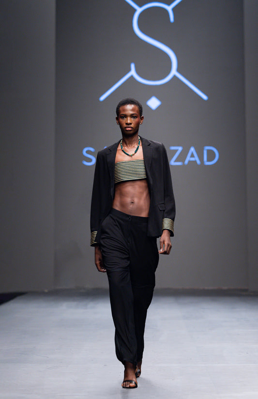 Sanaa – Sfifa-Embellished Blazer, Moroccan Crop Top & High-Waist Satin & Chiffon Pants